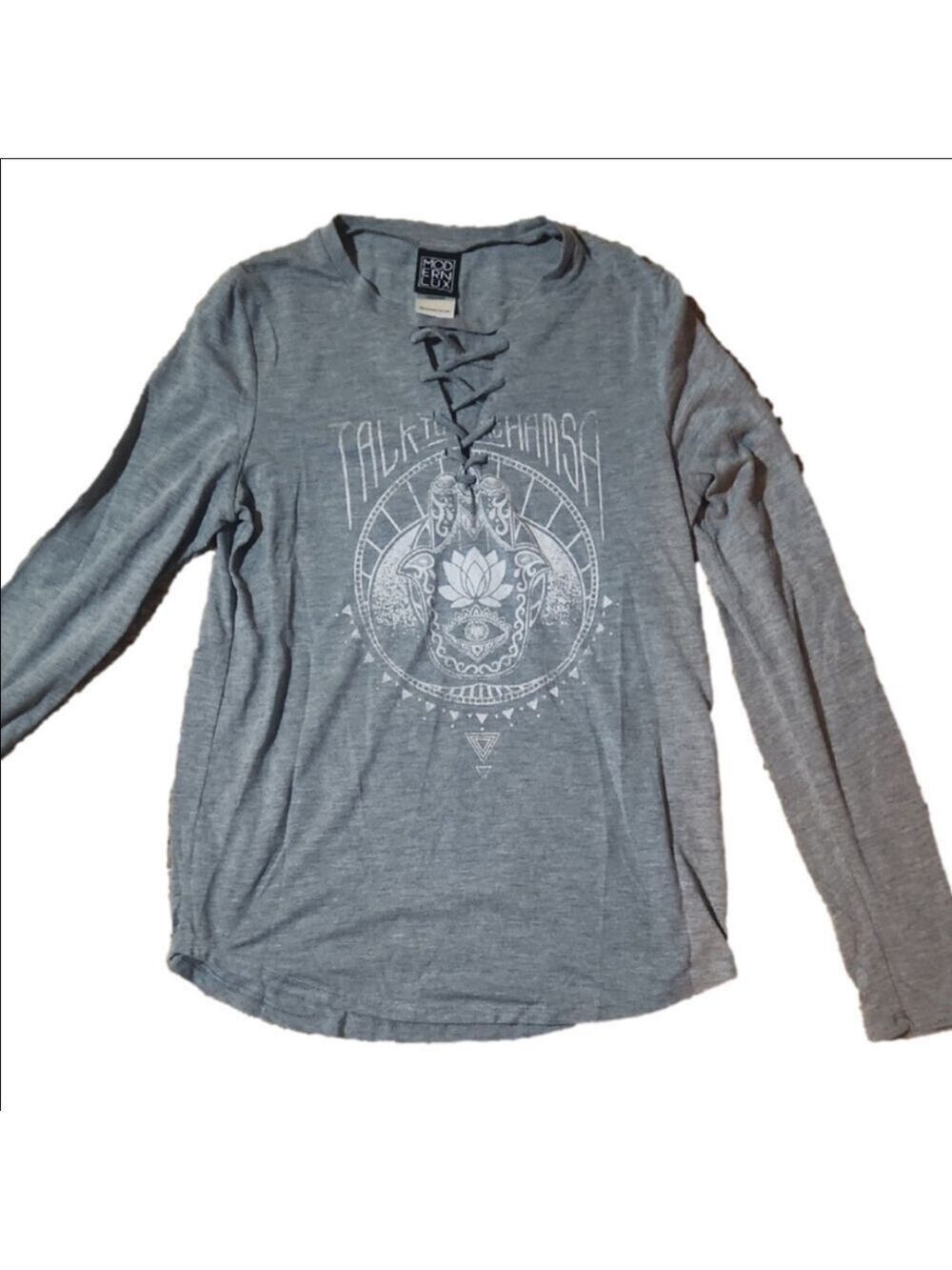 Modern Lux Loose Soft Laceup Bohemian Cotton Gray Long Sleeve Tee